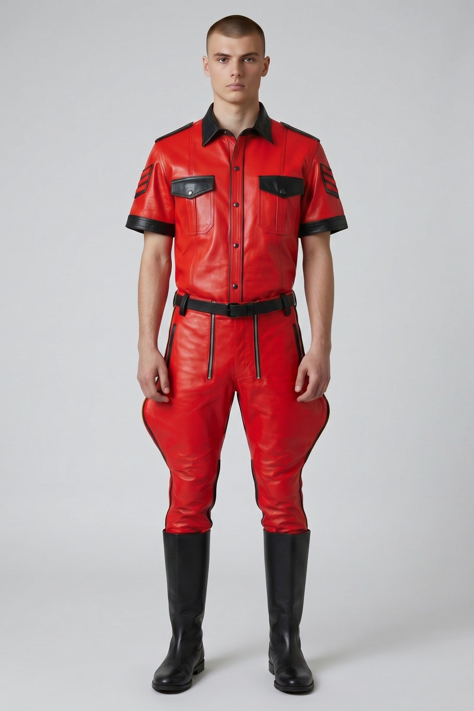 Men's Real Leather Red Breeches & Shirt Riders Pants Contrast Leather BLUF SUIT