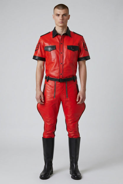 Men's Real Leather Red Breeches & Shirt Riders Pants Contrast Leather BLUF SUIT