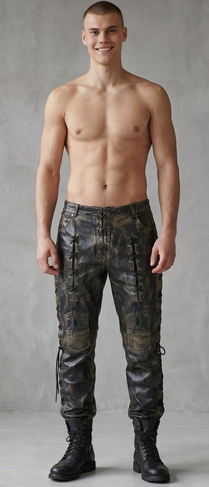 Men's Genuine Distressed Cow Leather Lace-Up Biker/Rock/Gothic Pants