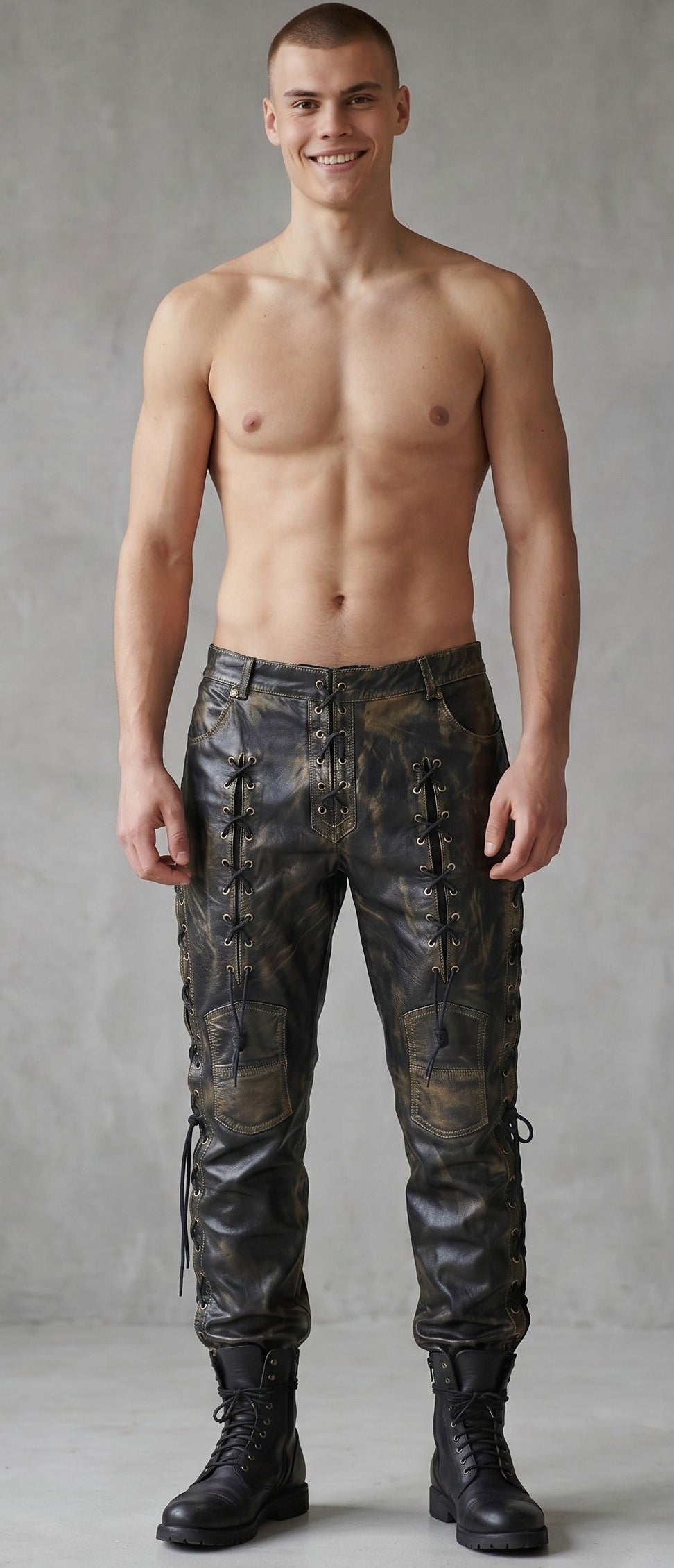 Men's Genuine Distressed Cow Leather Lace-Up Biker/Rock/Gothic Pants
