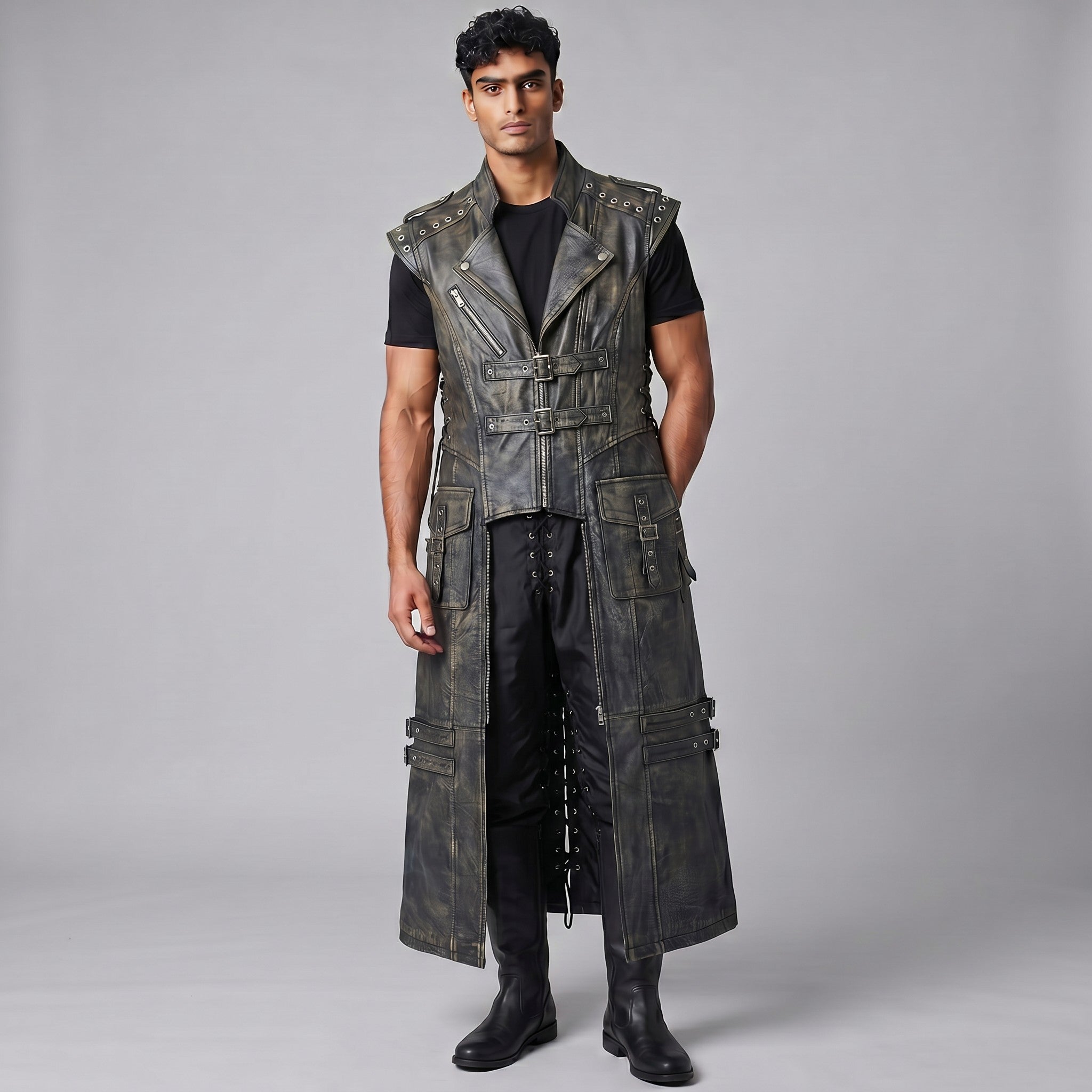 Men's Genuine Distressed Cow Leather Long Biker / Gothic/ Punk Duster Vest