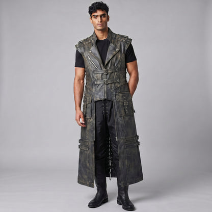 Men's Genuine Distressed Cow Leather Long Biker / Gothic/ Punk Duster Vest