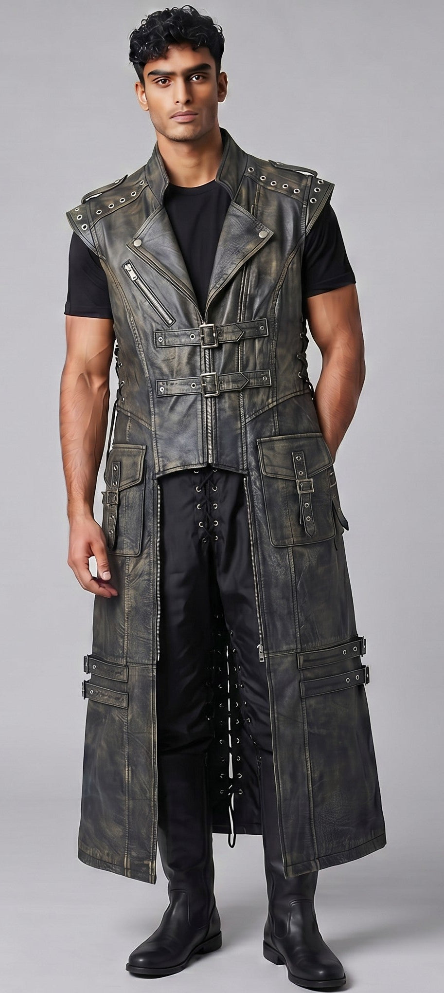 Men's Genuine Distressed Cow Leather Long Biker / Gothic/ Punk Duster Vest