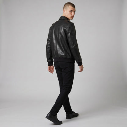 Men's Real Cowhide Crocodile Print Leather Bomber Jacket