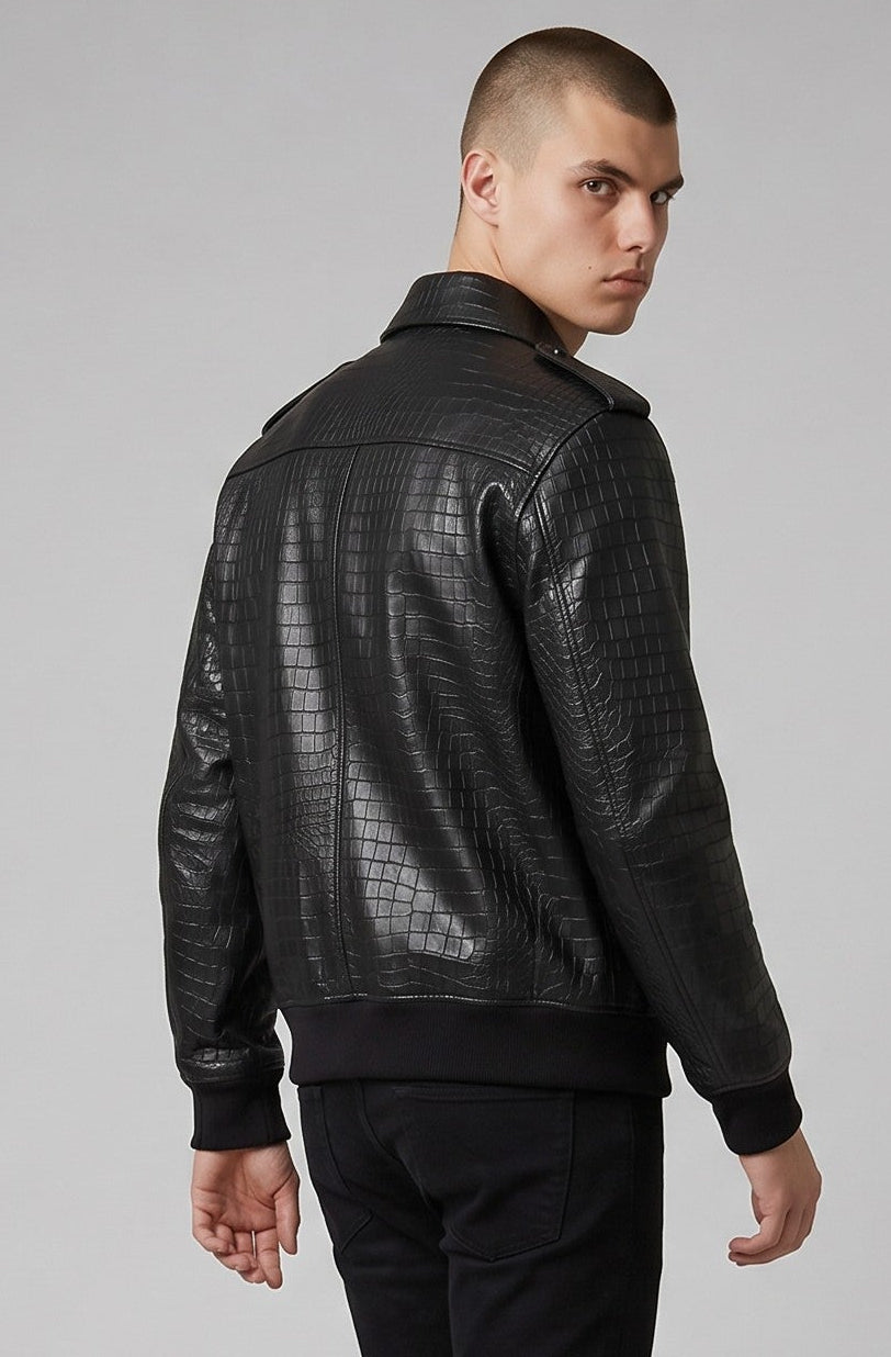 Men's Real Cowhide Crocodile Print Leather Bomber Jacket