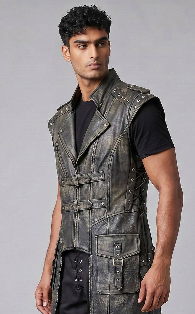 Men's Genuine Distressed Cow Leather Long Biker / Gothic/ Punk Duster Vest