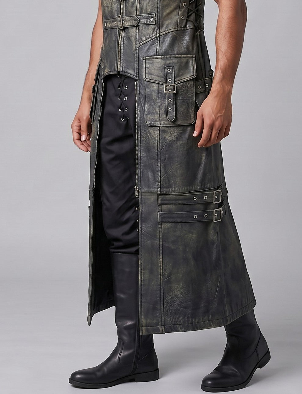 Men's Genuine Distressed Cow Leather Long Biker / Gothic/ Punk Duster Vest