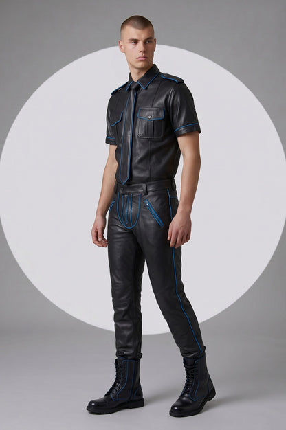 Men's Real Leather Police Uniform Set Pants, Shirt & Tie With Blue Piping