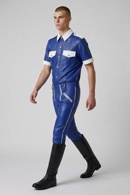 Men's Real Cowhide Leather Carpenter Pants & Police Shirt Blue & White BLUF Suit