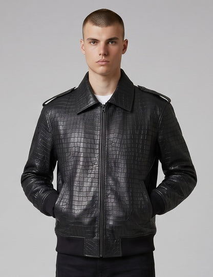 Men's Real Cowhide Crocodile Print Leather Bomber Jacket
