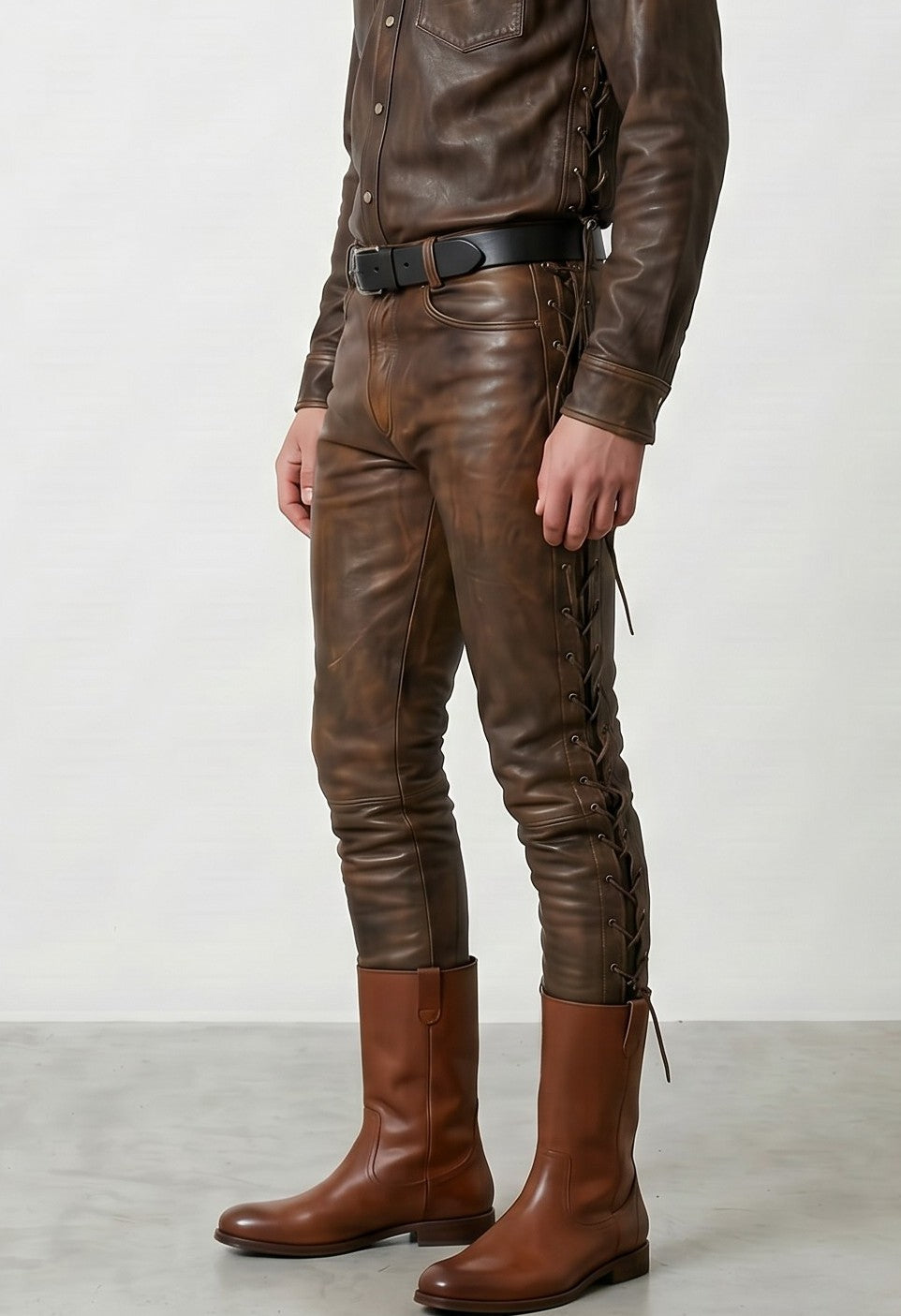 Men's Real Cowhide Distressed Leather Laces Up 5 Pockets Bikers Pants