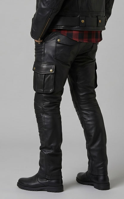 Men's Real Cowhide Leather Bikers Pants With Cargo Pockets With Padded & Stretchable Panels