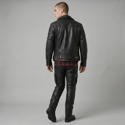 Men’s Genuine Cowhide Motor Bikers Jacket Quilted Panels Jacket – Brando Style Leather Jacket