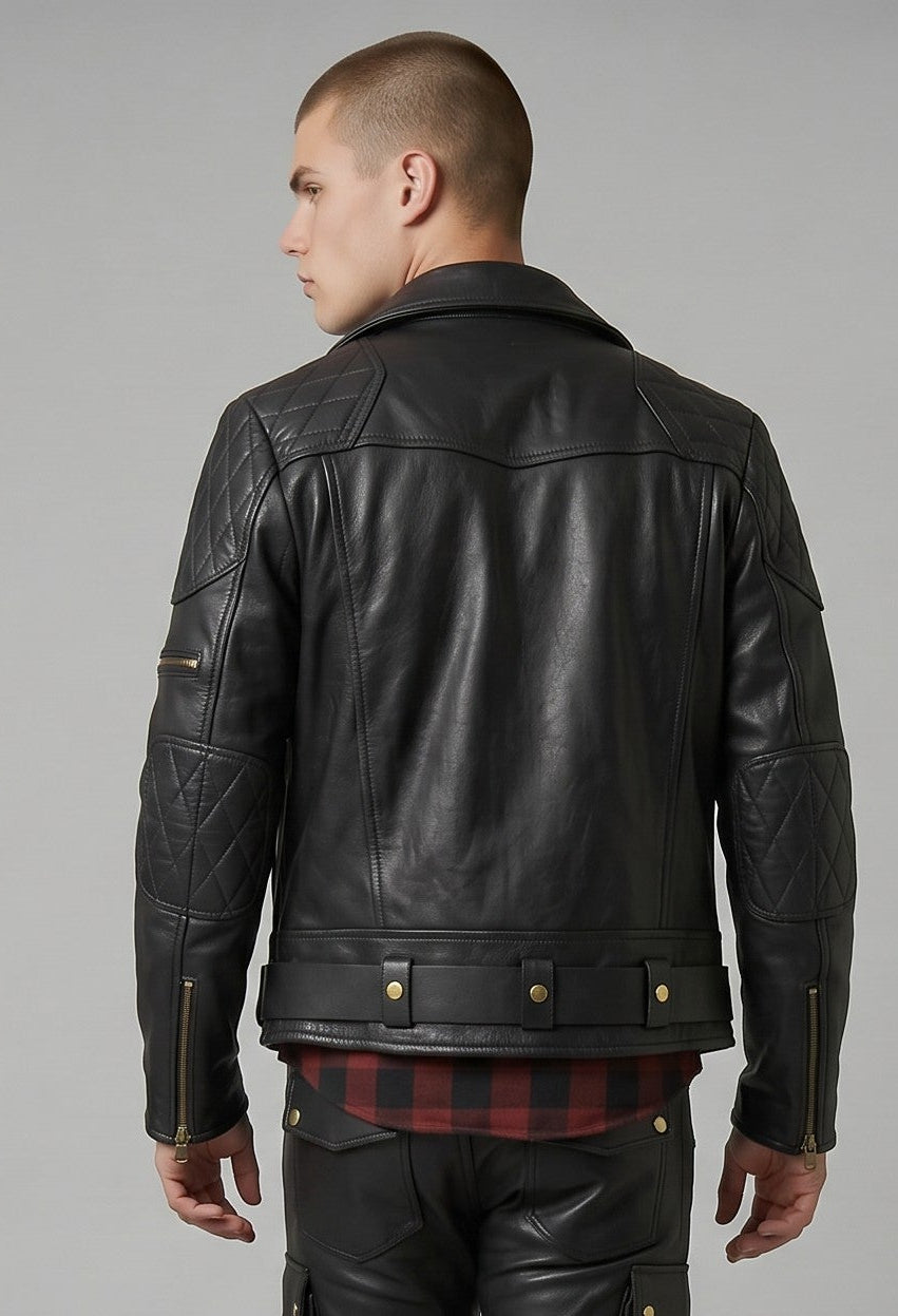 Men’s Genuine Cowhide Motor Bikers Jacket Quilted Panels Jacket – Brando Style Leather Jacket