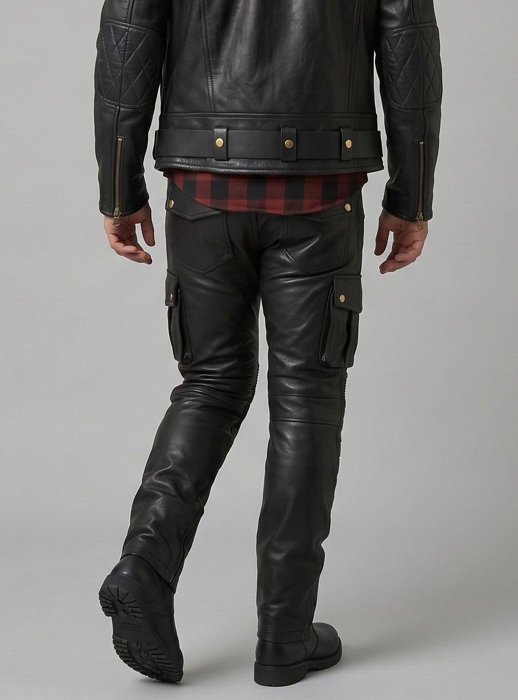 Men's Real Cowhide Leather Bikers Pants With Cargo Pockets With Padded & Stretchable Panels