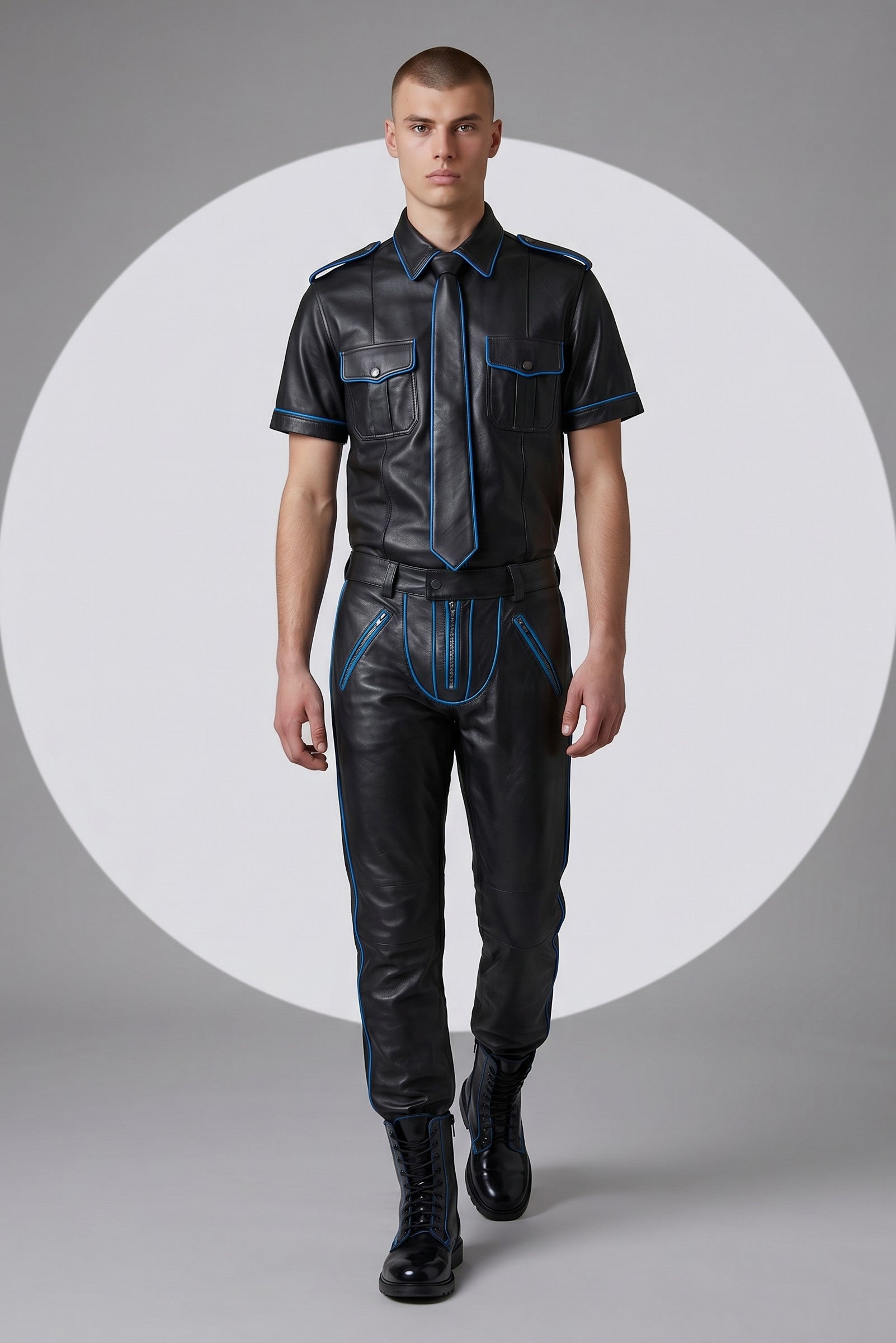 Men's Real Leather Police Uniform Set Pants, Shirt & Tie With Blue Piping