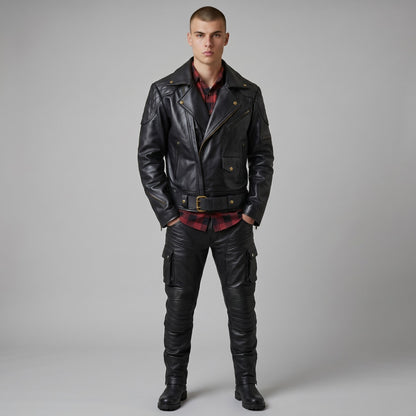 Men’s Genuine Cowhide Motor Bikers Jacket Quilted Panels Jacket – Brando Style Leather Jacket