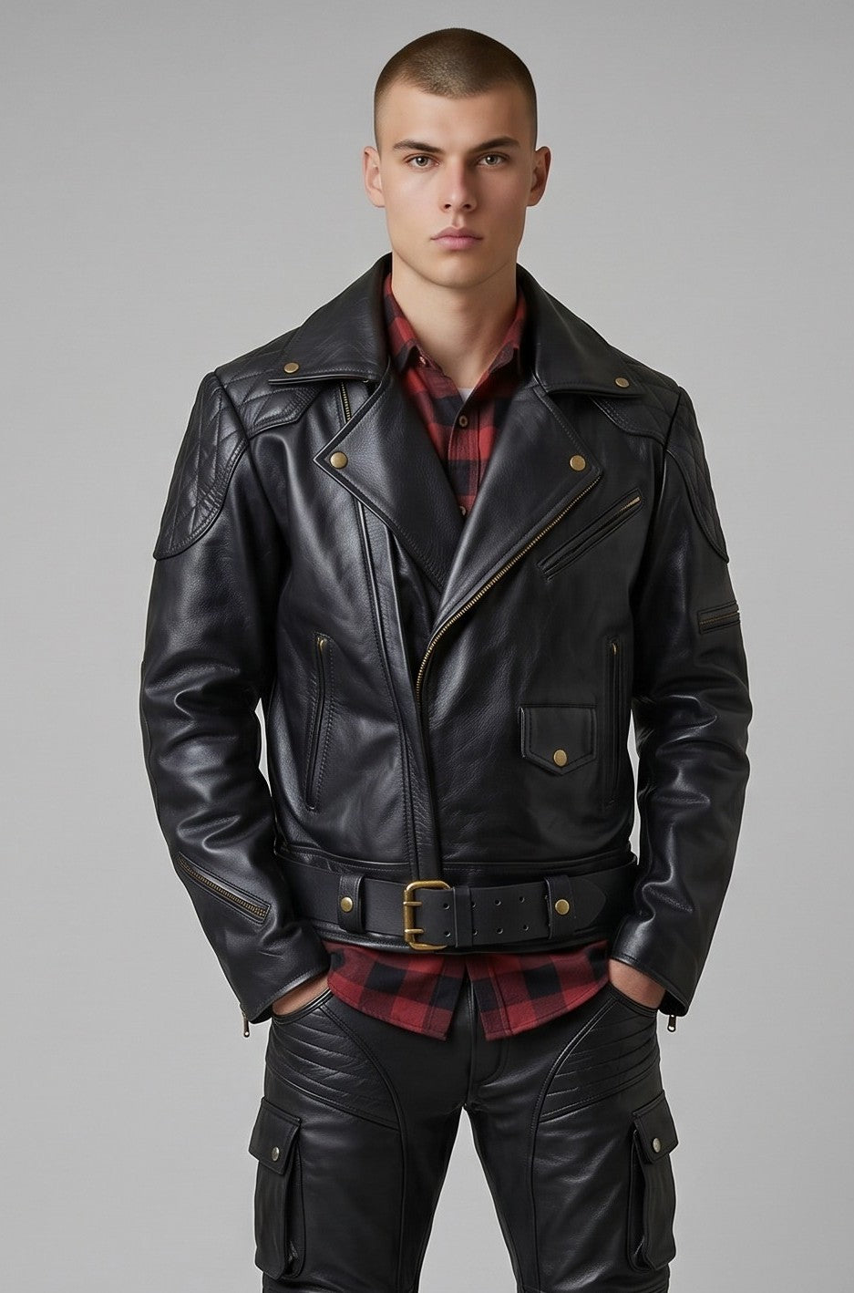 Men’s Genuine Cowhide Motor Bikers Jacket Quilted Panels Jacket – Brando Style Leather Jacket