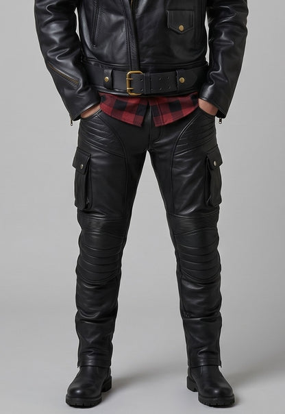 Men's Real Cowhide Leather Bikers Pants With Cargo Pockets With Padded & Stretchable Panels