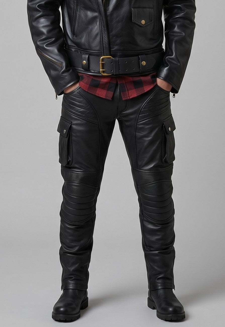 Men's Real Cowhide Leather Bikers Pants With Cargo Pockets With Padded & Stretchable Panels