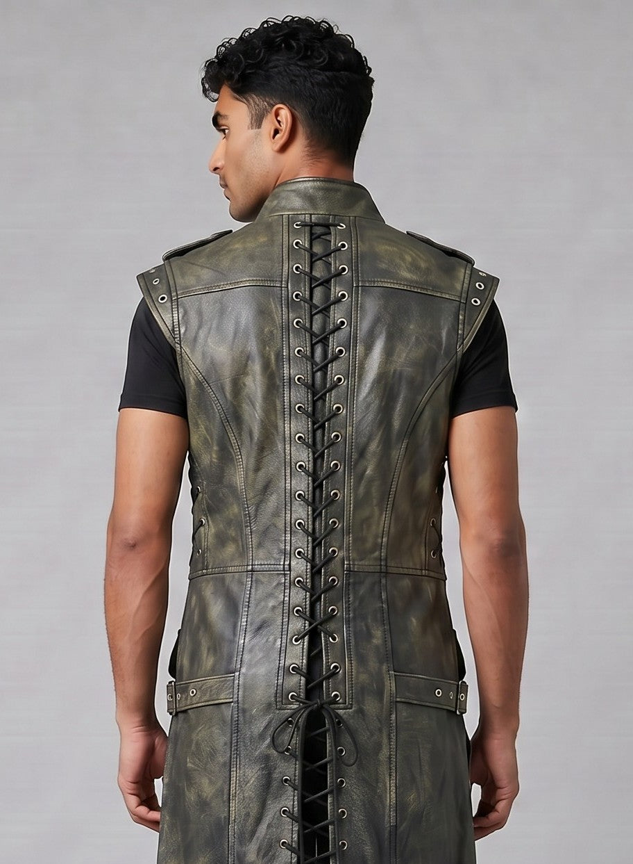 Men's Genuine Distressed Cow Leather Long Biker / Gothic/ Punk Duster Vest