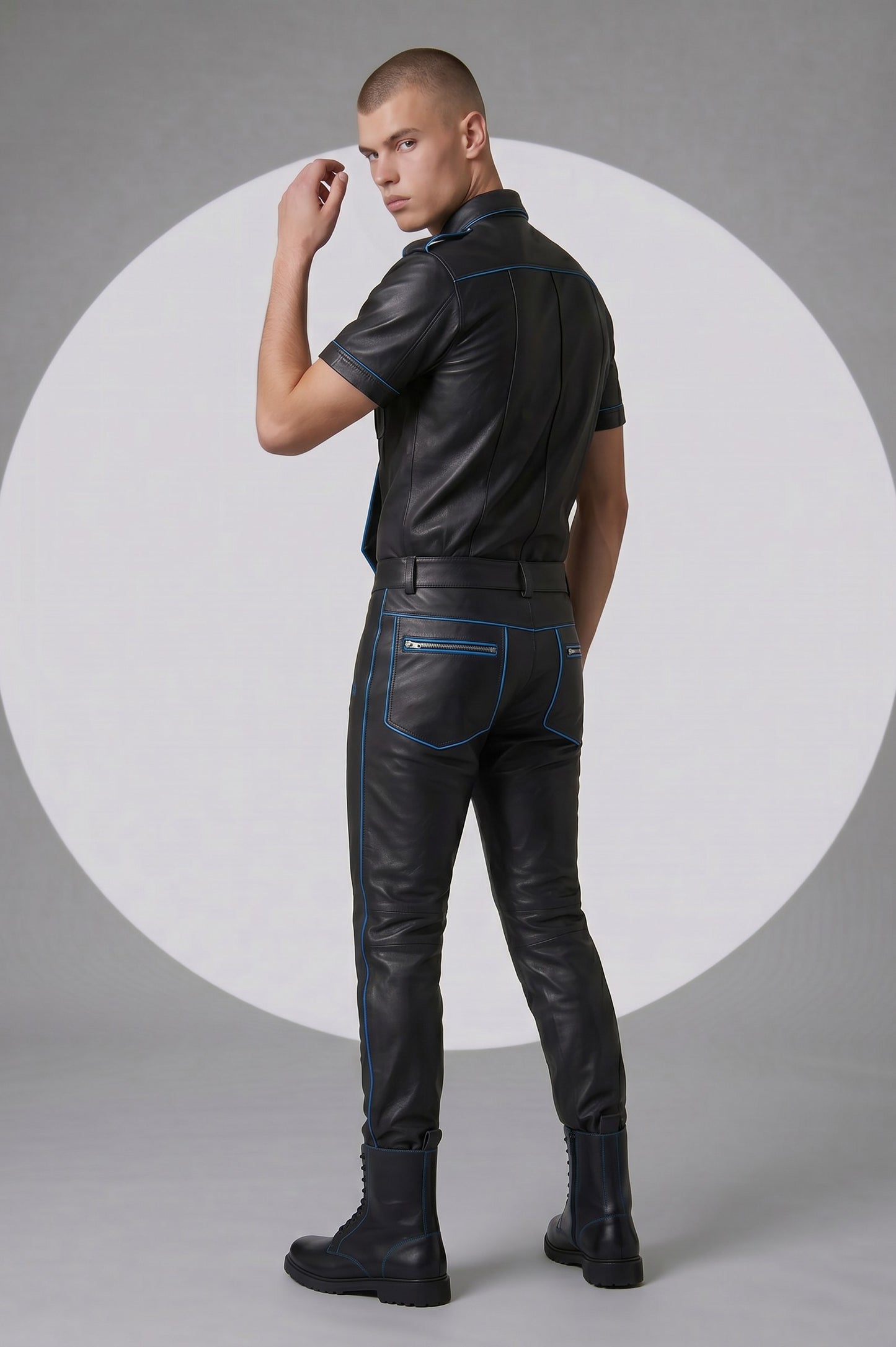 Men's Real Leather Police Uniform Set Pants, Shirt & Tie With Blue Piping