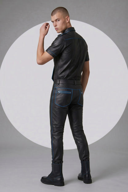Men's Real Leather Police Uniform Set Pants, Shirt & Tie With Blue Piping
