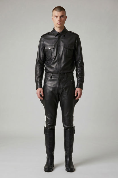 Men’s Real Leather Breeches – Jodhpurs Black Leather Breeches With White Stripes