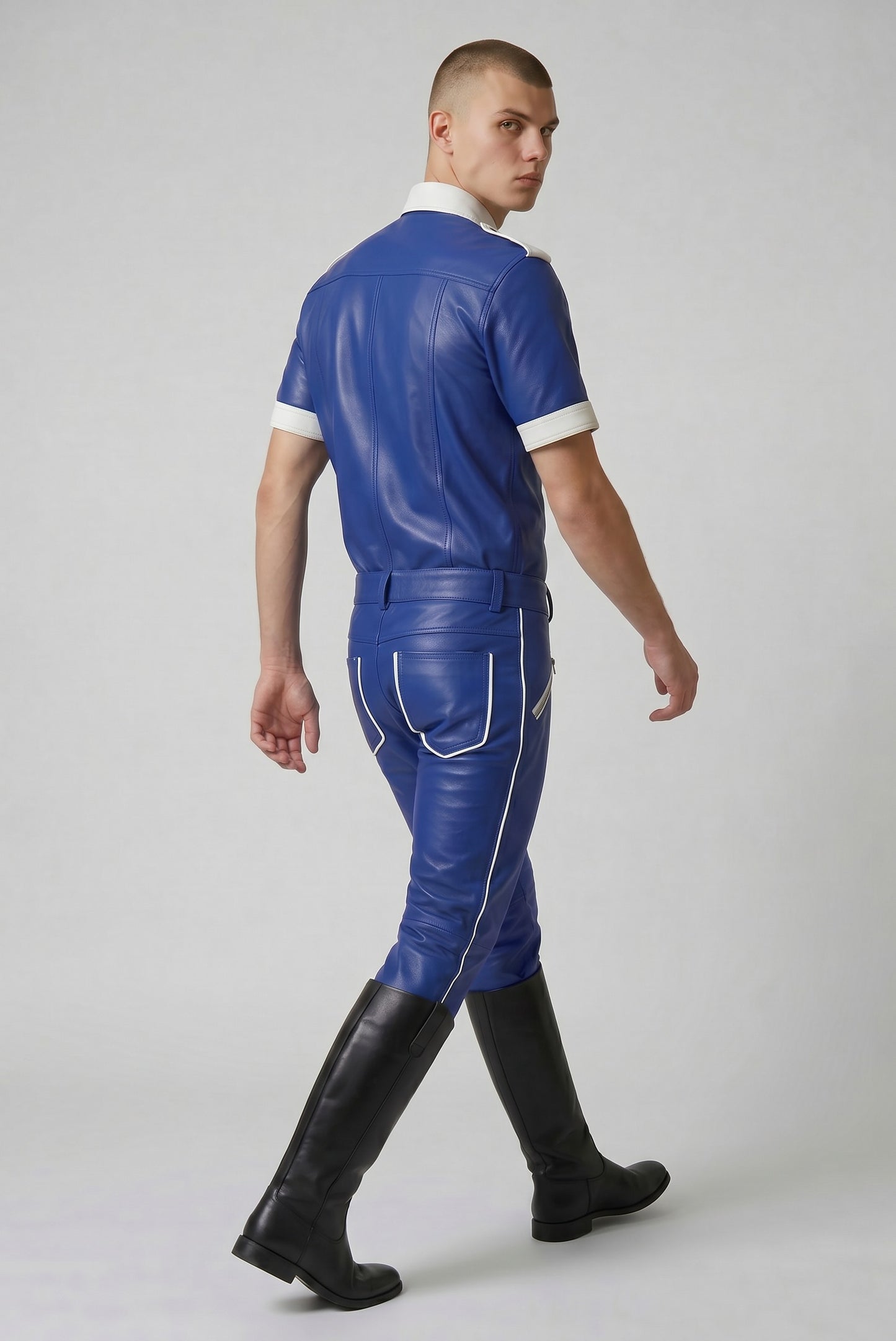 Men's Real Cowhide Leather Carpenter Pants & Police Shirt Blue & White BLUF Suit