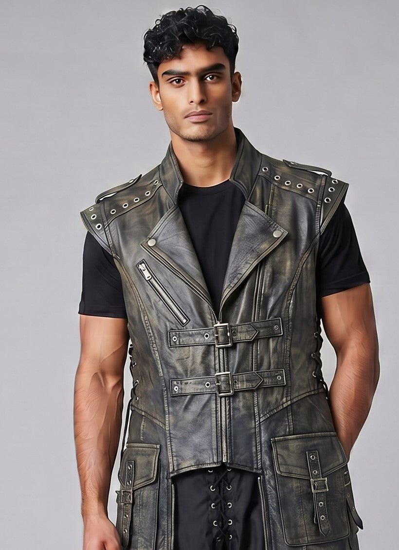 Men's Genuine Distressed Cow Leather Long Biker / Gothic/ Punk Duster Vest