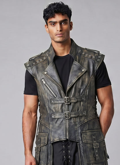 Men's Genuine Distressed Cow Leather Long Biker / Gothic/ Punk Duster Vest