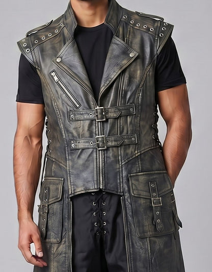 Men's Genuine Distressed Cow Leather Long Biker / Gothic/ Punk Duster Vest