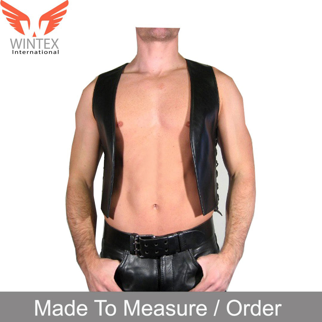 Men’s Real Cowhide Leather Bartender Vest Side Laces Up Bartender Vest