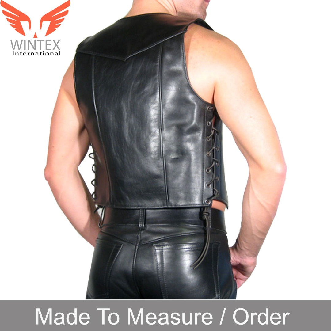 Men’s Real Cowhide Leather Bartender Vest Side Laces Up Bartender Vest