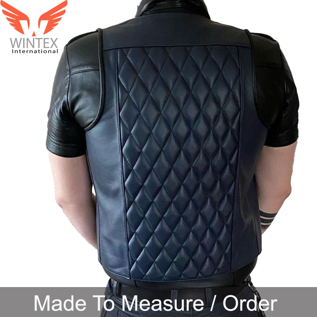 Men’s Real Leather Bartender Vest Quilted Back Slim Fit Vest