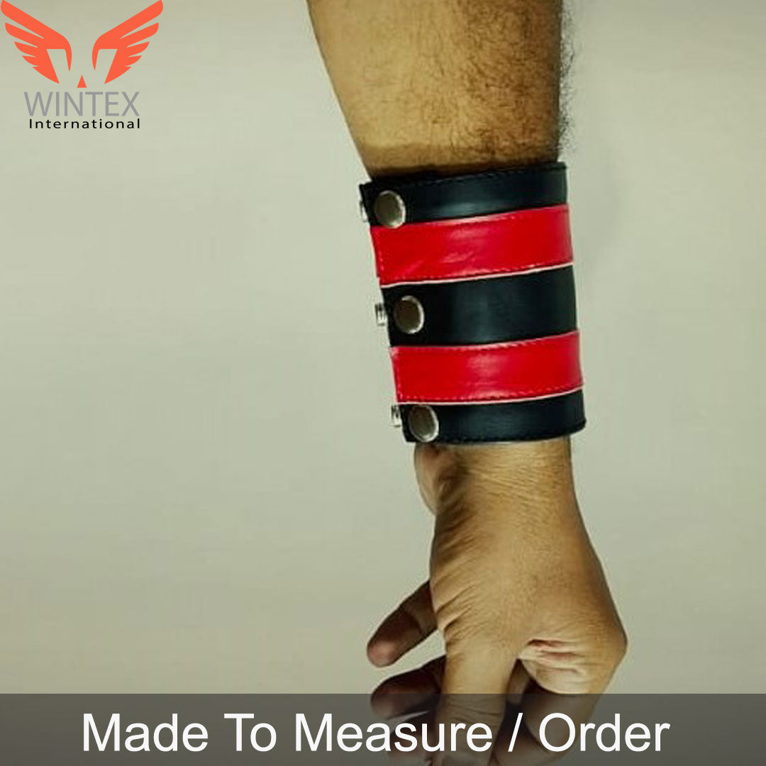 Men’s Leather Chest Harness Jockstrap Wristbands Set Multi Adjustment Fitting in Red & Black