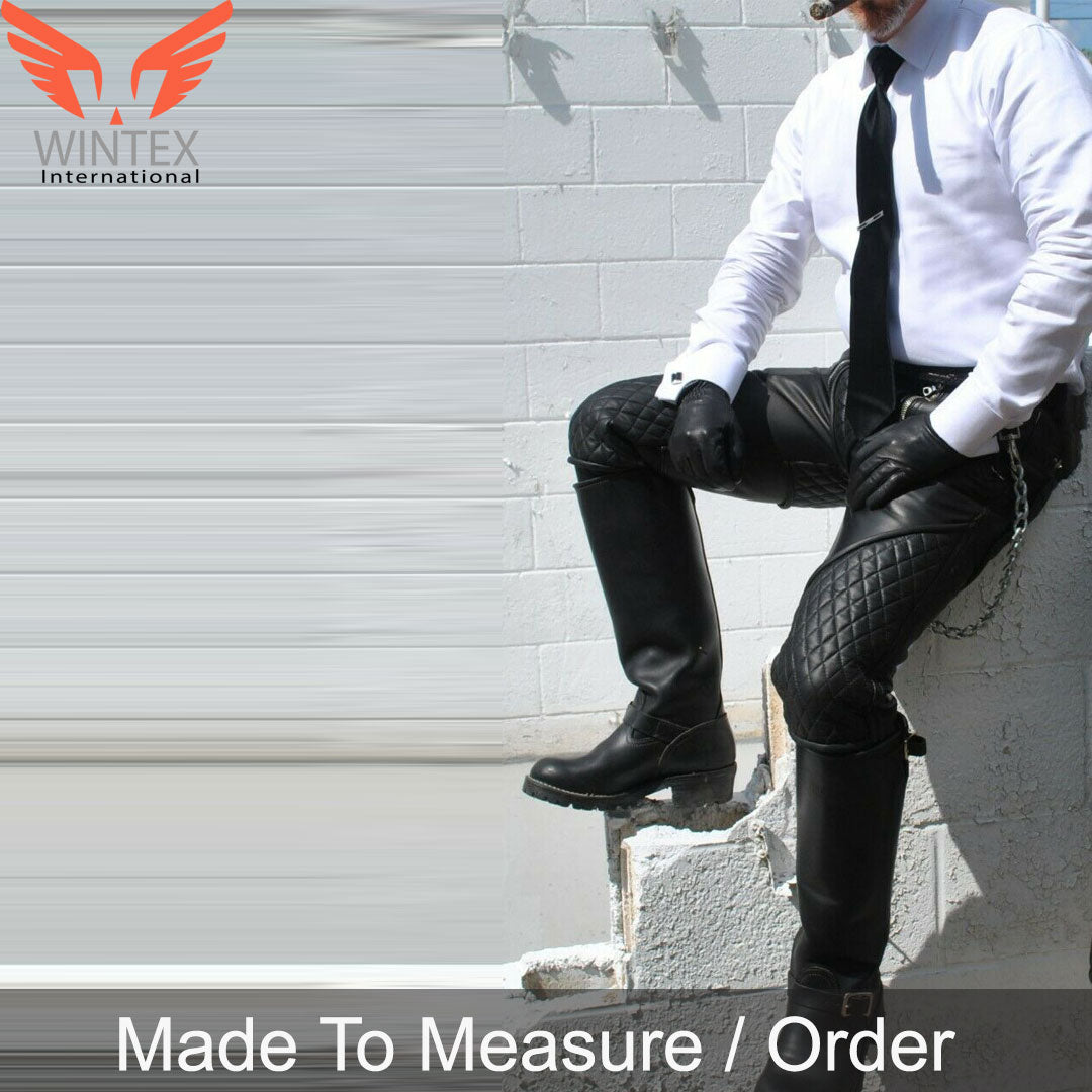 Men’s Genuine Leather Quilted Panels Carpenter Pants – Slim Fit Bikers Pants