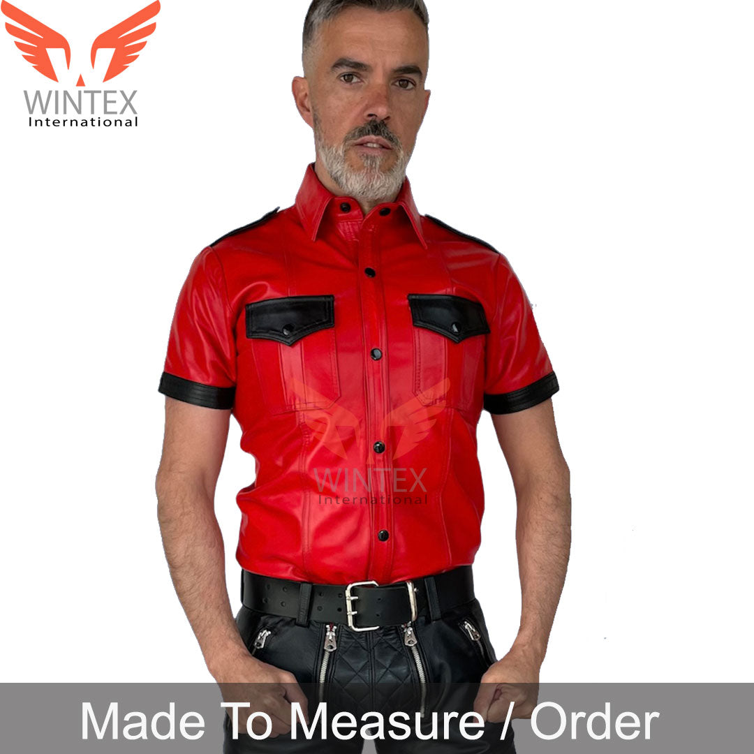 Men’s Lamb Leather Police Shirt Contrast Trims Short Sleeve Bluf Police Shirt