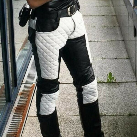 Men Real Leather Bikers Pants Black & White Quilted Panels Bikers Pants