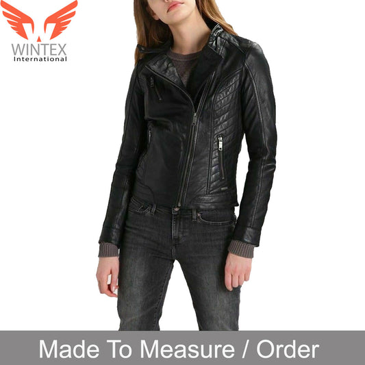 Women’s Real Lamb Leather Bikers Zip Jacket – Quilted Panels Bikers Leather Jacket