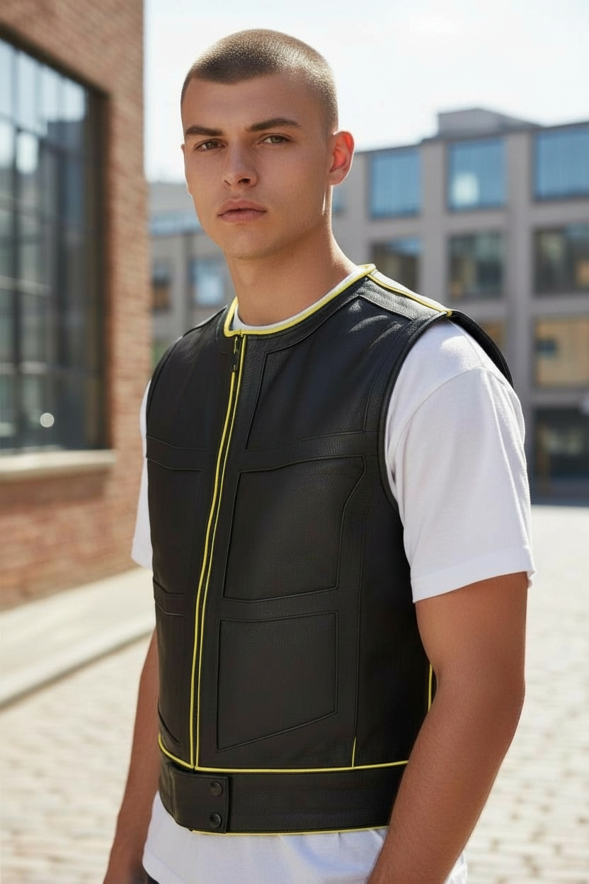 Men's Real Cow Leather Contrast Piping & PAW Logo BLUF / Bikers Vest