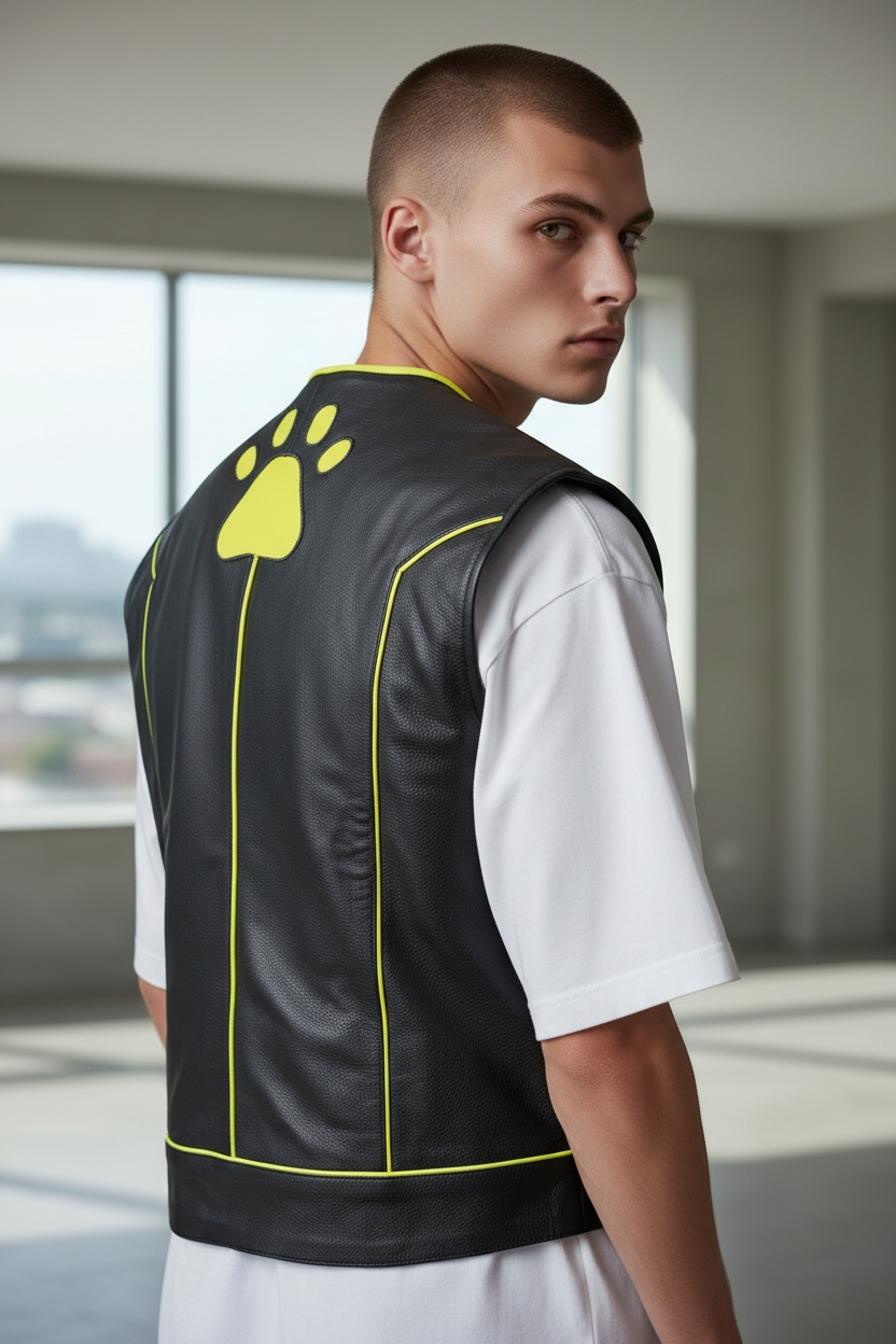 Men's Real Cow Leather Contrast Piping & PAW Logo BLUF / Bikers Vest