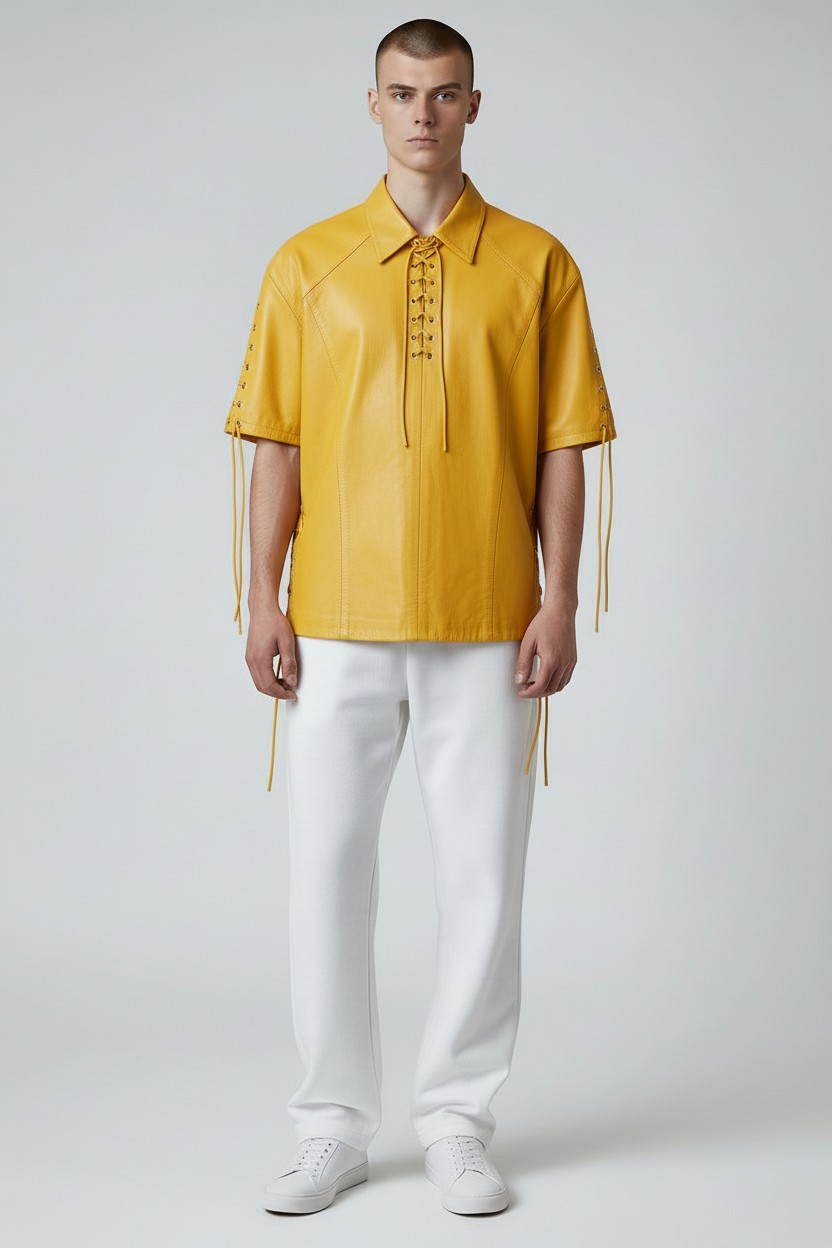 Men's Real Lamb Leather Shirt Laces Up Front,Sleeves & Slits Shirt In 7 Colors