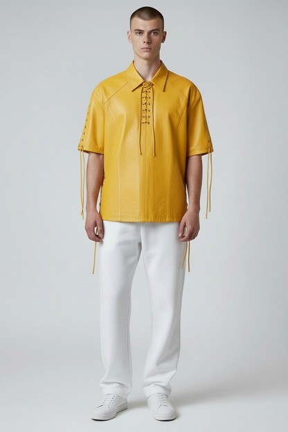 Men's Real Lamb Leather Shirt Laces Up Front,Sleeves & Slits Shirt In 7 Colors