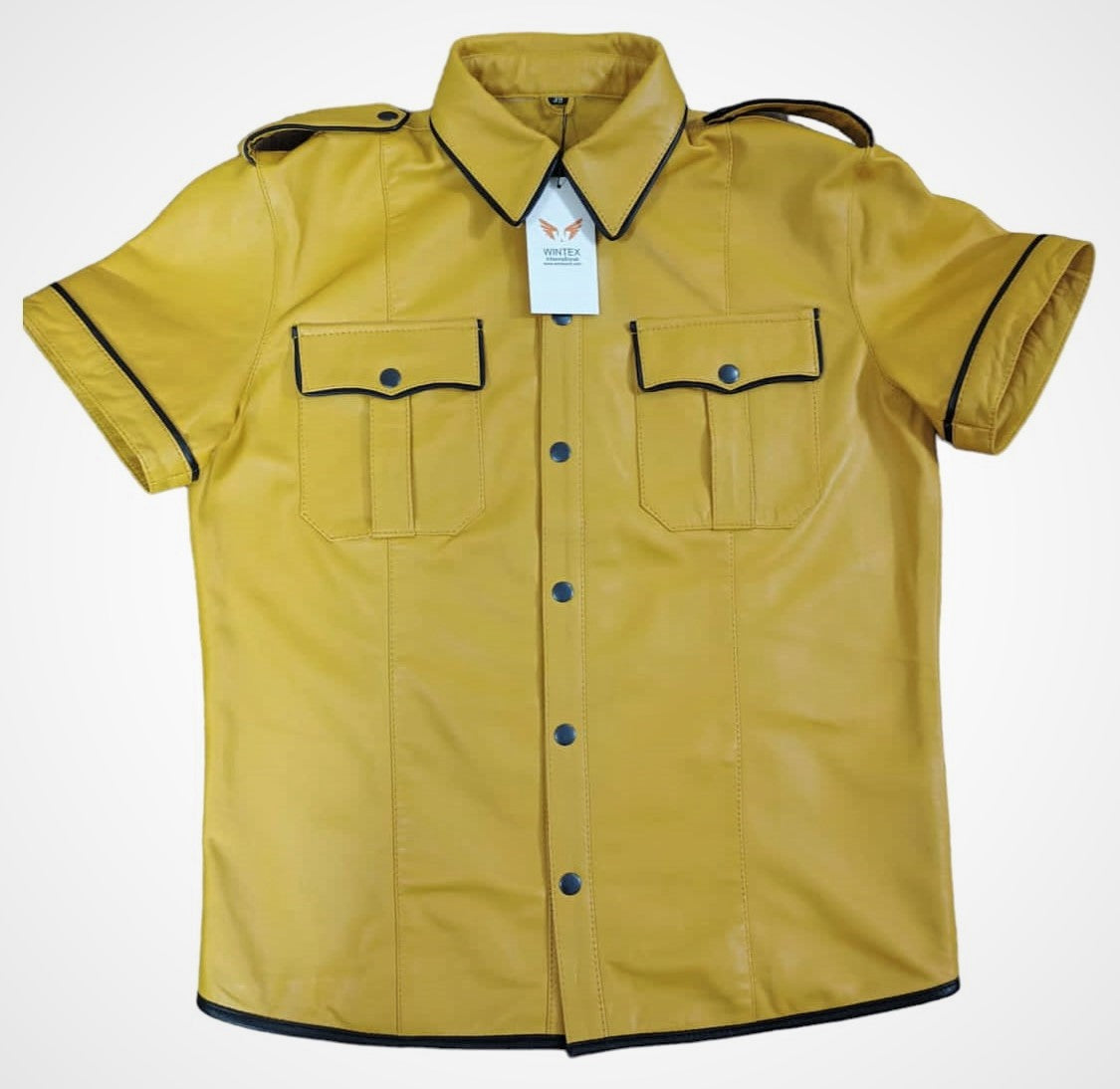 Men’s Real Lamb Leather Yellow Police Uniform Short Sleeves Shirt with Black Piping