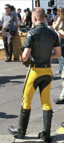 Men's Real Leather Cowhide Bikers Yellow & Black Panels Bikers Leather Pants