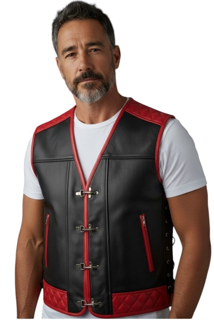 MEN'S REAL LEATHER VEST BIKERS VEST WITH QUILTED PANELS BLACK & BLUE BIKERS VEST