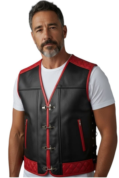 MEN'S REAL LEATHER VEST BIKERS VEST WITH QUILTED PANELS BLACK & BLUE BIKERS VEST