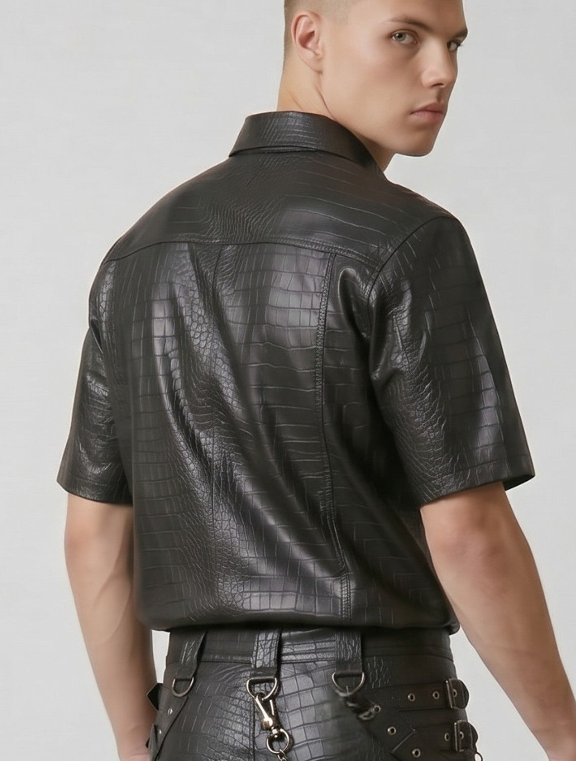 Men's Genuine Cow Leather Crocodile-Embossed Short Sleeve Shirt