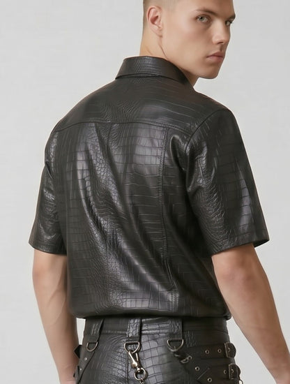 Men's Genuine Cow Leather Crocodile-Embossed Short Sleeve Shirt